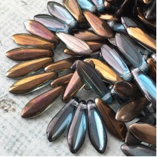 5x15mm Czech Pressed Glass Daggers - Blue Teal with Bronze - Pack of 16