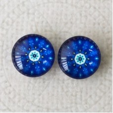 12mm Art Glass Backed Cabochons  - Blue Mandala Design 2 - Per Pair