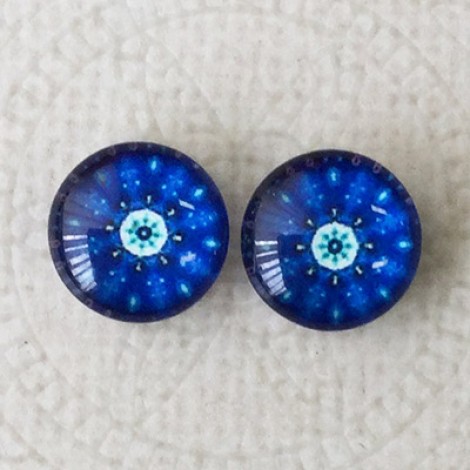 12mm Art Glass Backed Cabochons  - Blue Mandala Design 2