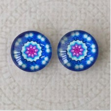 12mm Art Glass Backed Cabochons  - Blue Mandala Design 3 - Per Pair