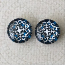 12mm Art Glass Backed Cabochons  - Blue Mandala Design 5 - Per Pair