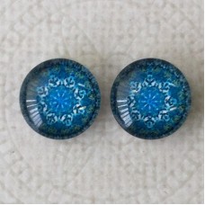 12mm Art Glass Backed Cabochons  - Blue Mandala Design 8 - Per Pair