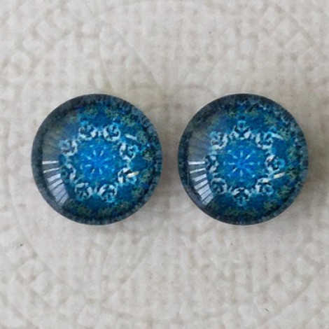 12mm Art Glass Backed Cabochons  - Blue Mandala Design 8