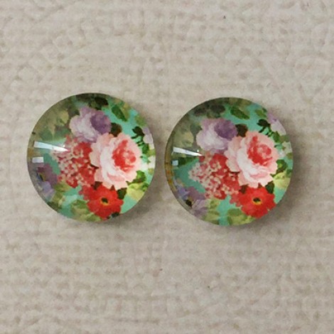 14mm Art Glass Backed Cabochons  - Floral Mix Design 10 - Per Pair