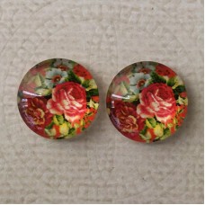 14mm Art Glass Backed Cabochons  - Floral Mix Design 7 - Per Pair
