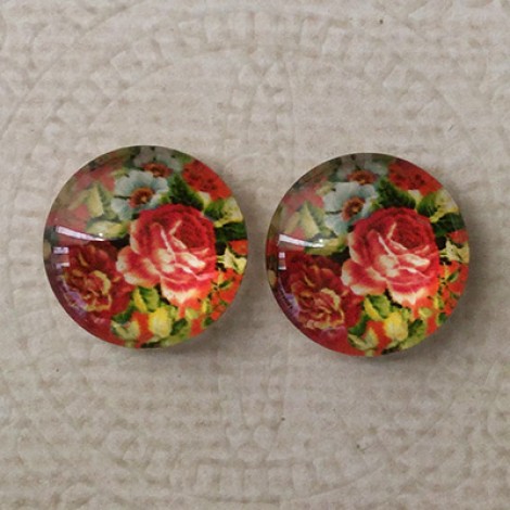 14mm Art Glass Backed Cabochons  - Floral Mix Design 7 - Per Pair