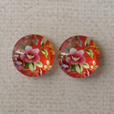 14mm Art Glass Backed Cabochons  - Floral Mix Design 8 - Per Pair
