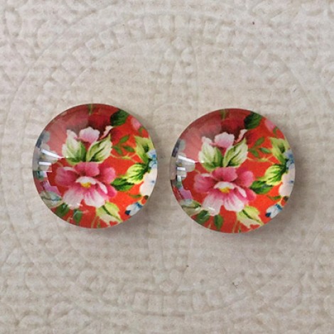 14mm Art Glass Backed Cabochons  - Floral Mix Design 9 - Per Pair