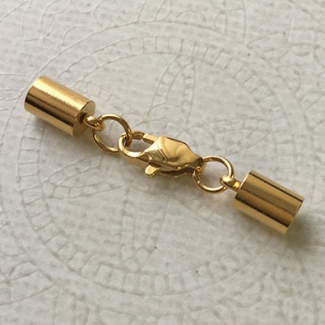4mm ID Gold Stainless Steel Cord End Cap Sets with Jumprings & Lobster Clasp - Per Set