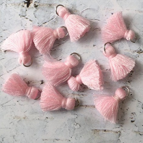 20mm Cotton Mini Tassels with Silver Jumpring - Pack of 10 - Baby Pink/Silver