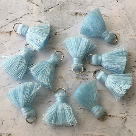 20mm Cotton Mini Tassels with Silver Jumpring - Pack of 10 - Ice Blue/Silver