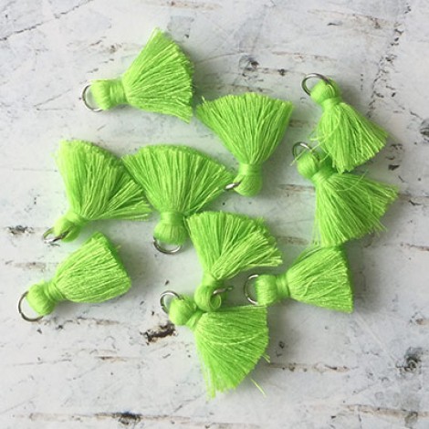 20mm Cotton Mini Tassels with Silver Jumpring - Pack of 10 - Lime Green/Silver