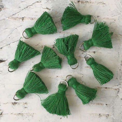 20mm Cotton Mini Tassels with Silver Jumpring - Pack of 10 - Forest Green/Silver