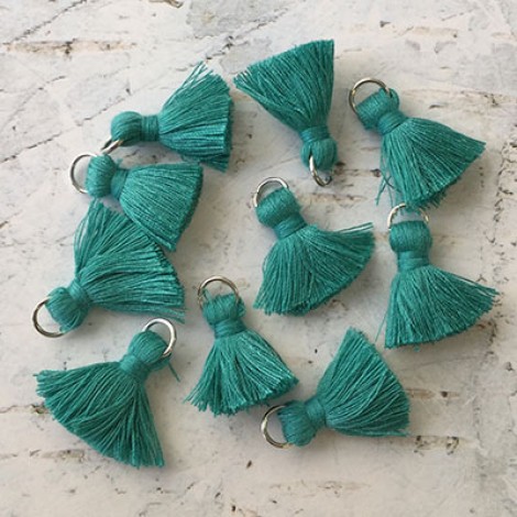 20mm Cotton Mini Tassels with Silver Jumpring - Pack of 10 - Light Teal/Silver