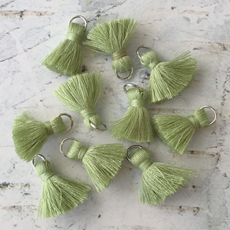 20mm Cotton Mini Tassels with Silver Jumpring - Pack of 10 - Light Green/Silver