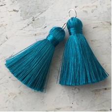 40mm Silk Tassels with Silver Jumpring - Dark Turquoise - 1 pair