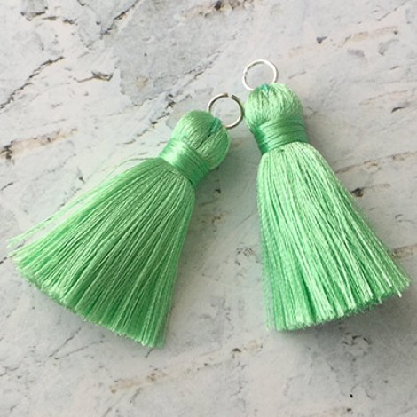 40mm Silk Tassels with Silver Jumpring - Soft Green - 1 pair