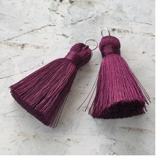 40mm Silk Tassels with Silver Jumpring - Deep Purple - 1 pair