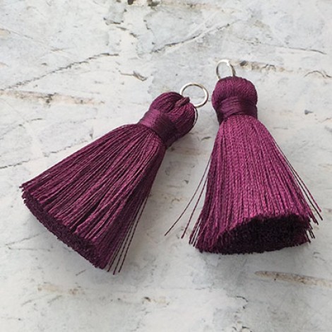 40mm Silk Tassels with Silver Jumpring - Deep Purple - 1 pair