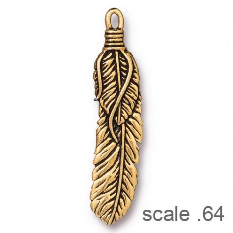 49x11mm TierraCast Feather Pendant - Antique 22K Gold Plated