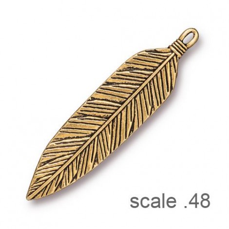 72x17mm TierraCast Feather Pendant - Antique 22K Gold Plated