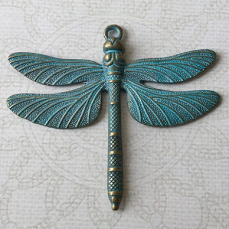 65x70mm Large Dragonfly Focal Pendant - Green patina - Each