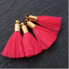 26mm Mini Amaranth Red Soft Thread Tassels w-Gold Cap - Per Pair