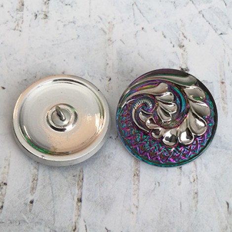 27mm Czech Fern Glass Button - Vitrail Emerald, Pink with Silver - Each