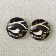 12mm Art Glass Backed Cabochons - White Bird on Black 2 - Per Pair