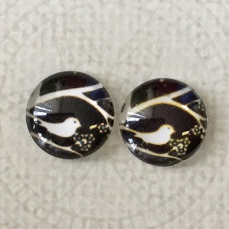 12mm Art Glass Backed Cabochons - White Bird on Black 2 - Per Pair