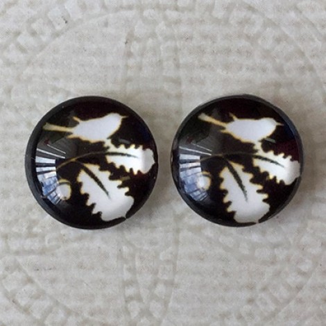 12mm Art Glass Backed Cabochons - White Bird on Black 3 - Per Pair