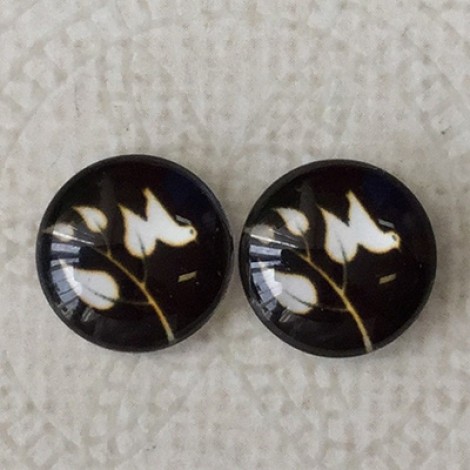 12mm Art Glass Backed Cabochons - White Bird on Black 4 - Per Pair
