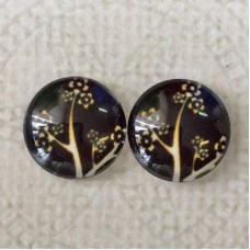 12mm Art Glass Backed Cabochons - White Tree on Black - Per Pair