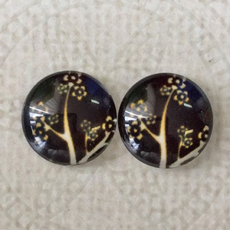 12mm Art Glass Backed Cabochons - White Tree on Black - Per Pair 12mm Art Glass Backed Cabochons - White Tree on Black - Per Pair