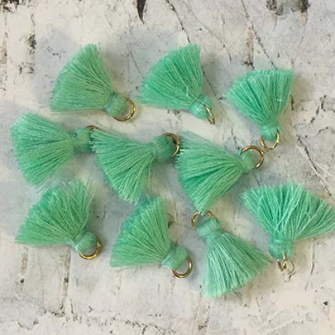 20mm Cotton Mini Tassels with Gold Jumpring - Pack of 10 - Soft Green/Gold