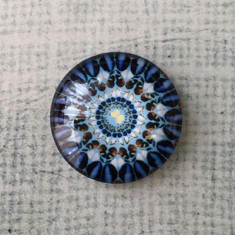 25mm Art Glass Backed Cabochons - Blue Butterfly Mandala - Each 25mm Art Glass Backed Cabochons - Blue Butterfly Mandala - Each