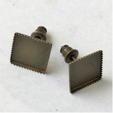 10mm ID Square Antique Brass Plated Earpost Cab Settings w-Bullet Clutch - Pack of 2 Pair