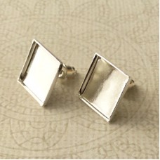 12mm ID Square Silver Plated Earpost Cab Settings w-Bullet Clutch - Pack of 2 Pair