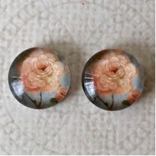 12mm Art Glass Backed Cabochons - Peach Flower on Bue - Per Pair