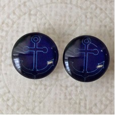 12mm Art Glass Backed Cabochons - Dark Blue Anchor - Per Pair