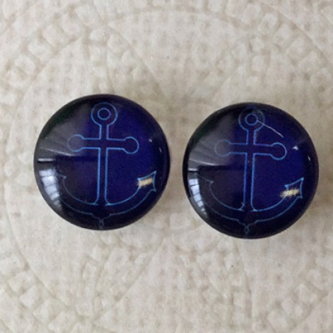 12mm Art Glass Backed Cabochons - Dark Blue Anchor - Per Pair