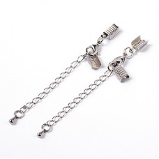 3mm Platinum Colour Nickel Free Cord End Crimps, Clasp & Extension Chain - Pack of 2