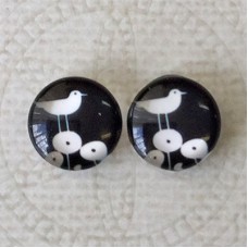 12mm Art Glass Backed Cabochons - White Bird on Black - Per Pair