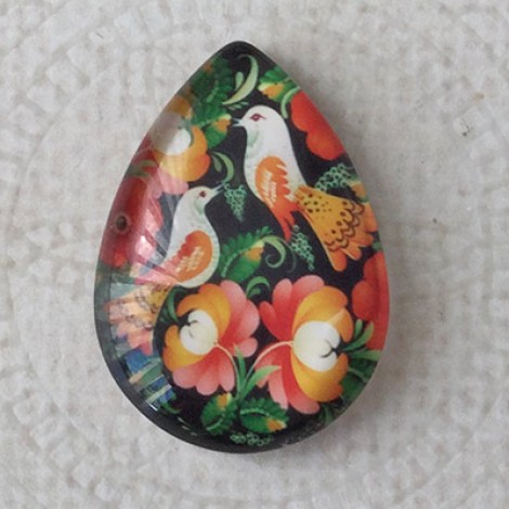 18x25mm Art Glass Backed Teardrop Cabochons - Folk Art Birds