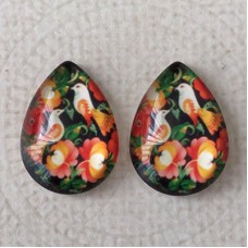 13x18mm Art Glass Teardrop Glass Cabochons - Folk Art Birds - Pack of 2