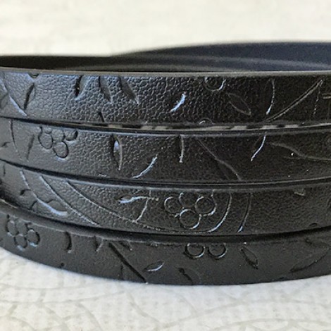 5x2mm Vegan Friendly PU Flat Embossed Flower-Leaf Design Leather - Black - 1.1m Strip