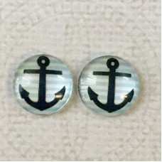 12mm Art Glass Backed Cabochons  - Anchor on Blue + White Stripes - Per Pair