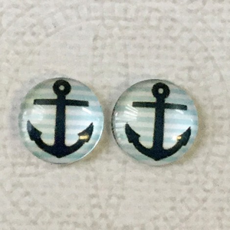 12mm Art Glass Backed Cabochons  - Anchor on Blue + White Stripes