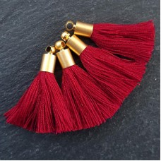 26mm Mini Carmine Red Soft Thread Tassels w-Gold Cap - Per Pair