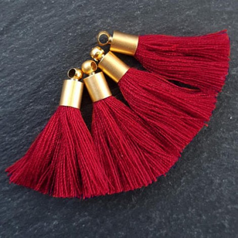 26mm Mini Carmine Red Soft Thread Tassels w-Gold Cap - Per Pair